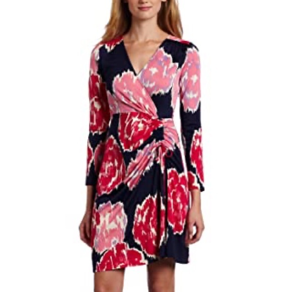 Lilly Pulitzer Dresses & Skirts - Lilly Pulitzer Augusta Dress Navy & Pink Florals Faux-Wrap V-Neck Women’s Large
